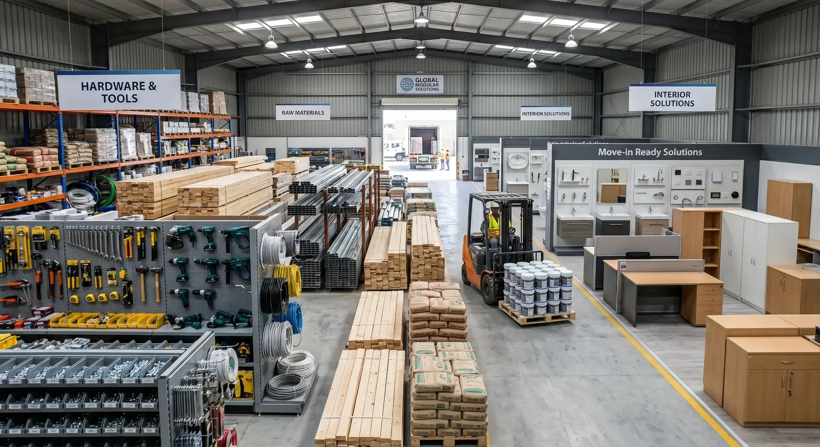 Entrepôt de matériaux de construction industrielle montrant quincaillerie et mobilier