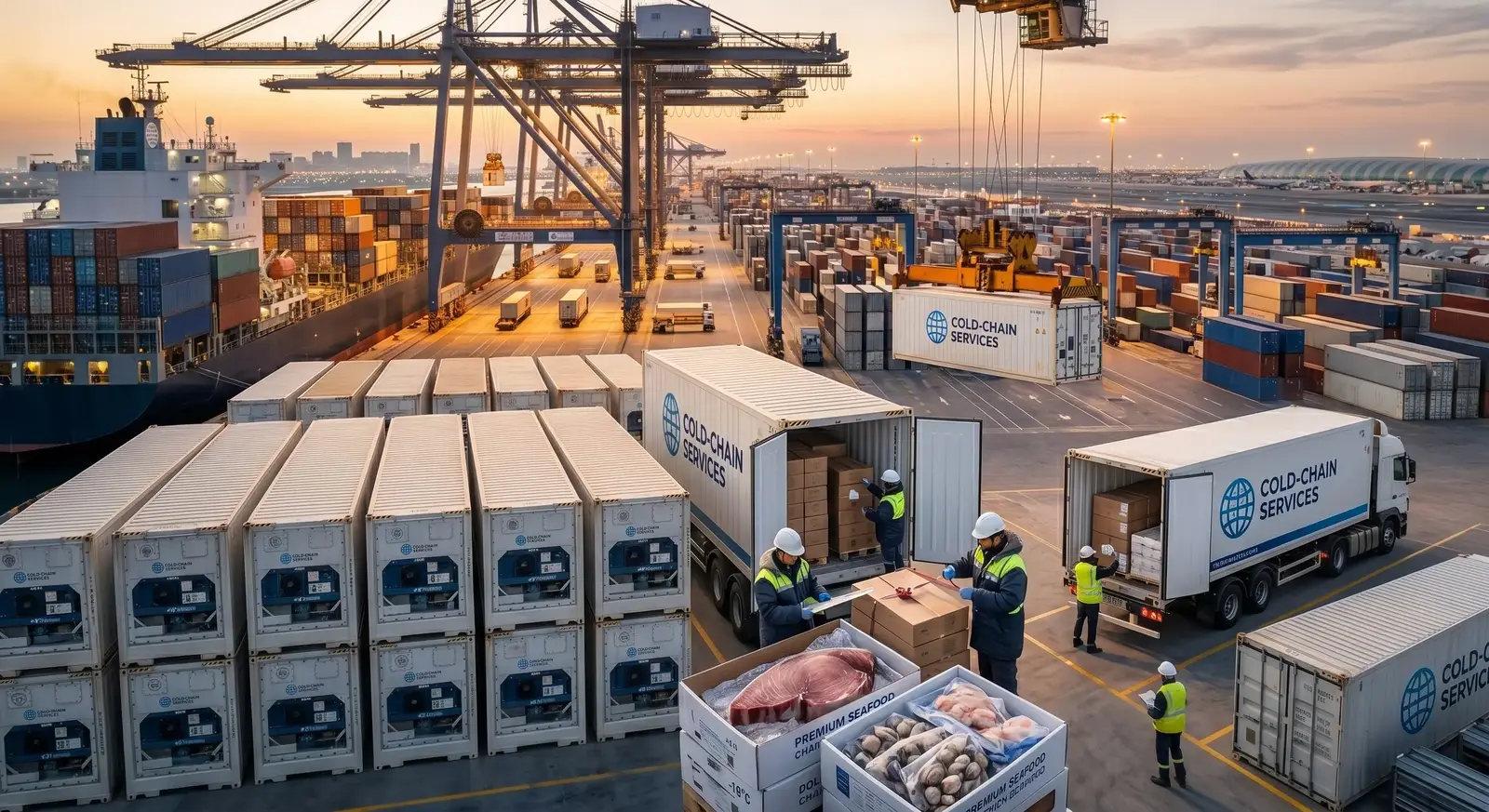 Logistique mondiale de la chaîne du froid montrant le transport de produits de la mer congelés
